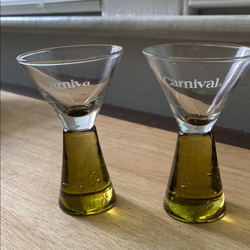 2 Carnival Cruise Line Brown Old Style Bubble Weighted Pedestal Base Shot Glass